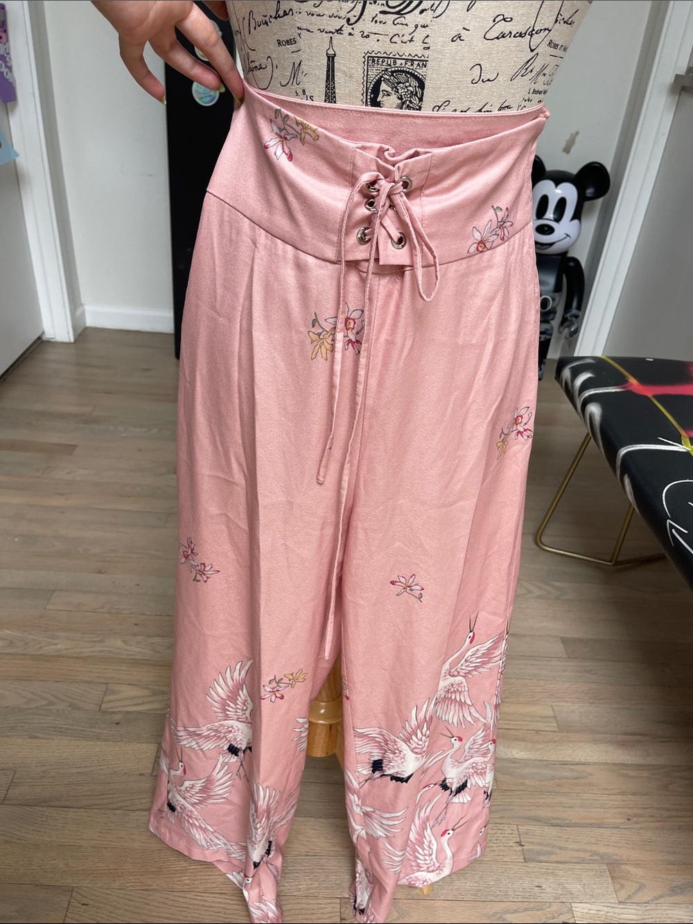 Forever 21 Pink Maxi Skirt with Crane & Floral Print and Lace-Up Waist